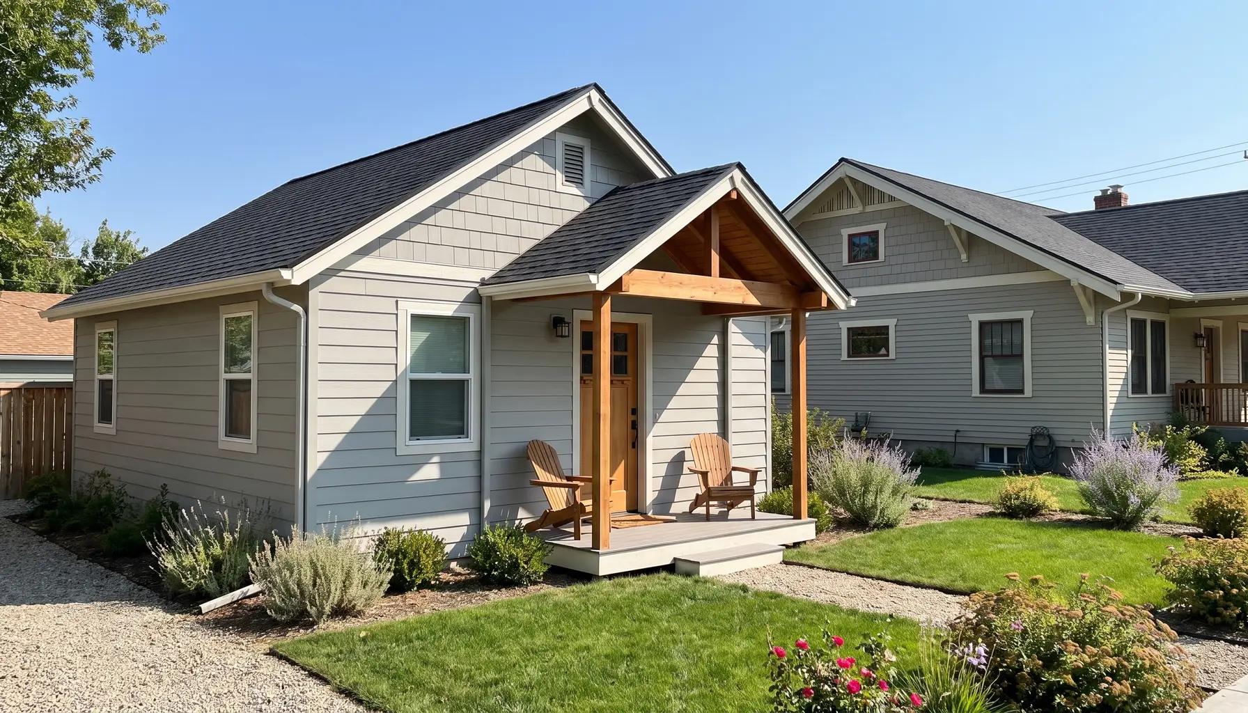 Detached accessory dwelling unit backyard cottage with lap siding and a covered porch in a Boise backyard