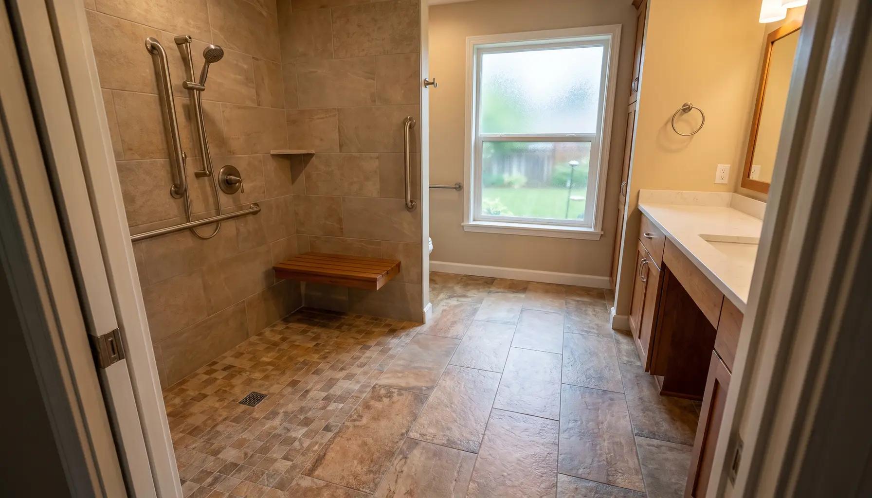 Accessible aging-in-place bathroom with a curbless walk-in shower, bench, integrated grab bars, and comfort-height vanity in a Boise home