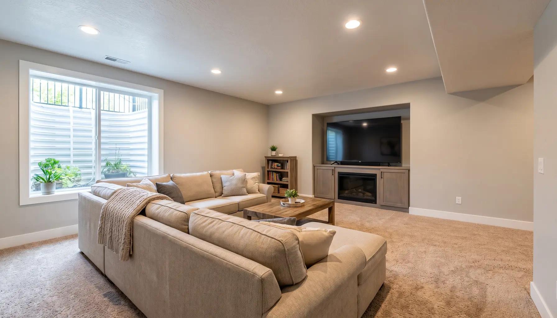 Finished basement family room with a sectional, media area, egress window, and warm neutral finishes in a Boise home