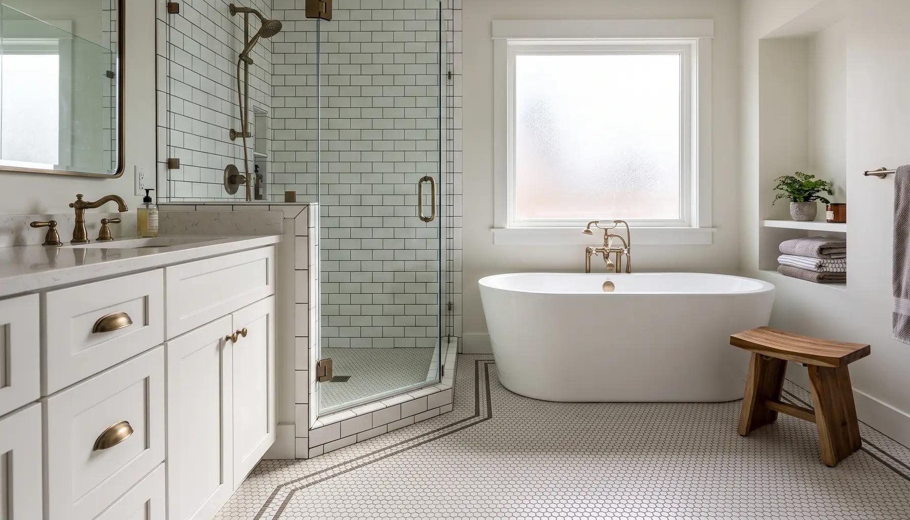 Well-planned classic full bathroom with a white vanity, separate tub and glass shower, subway tile, and hex-tile floor in a Boise home
