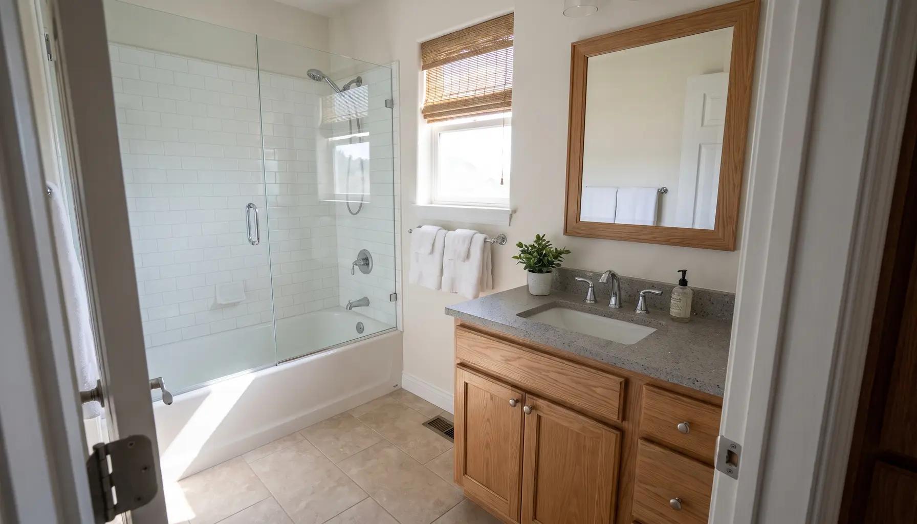 Remodeled Boise primary bathroom with a walk-in glass shower, freestanding tub, and warm wood vanity