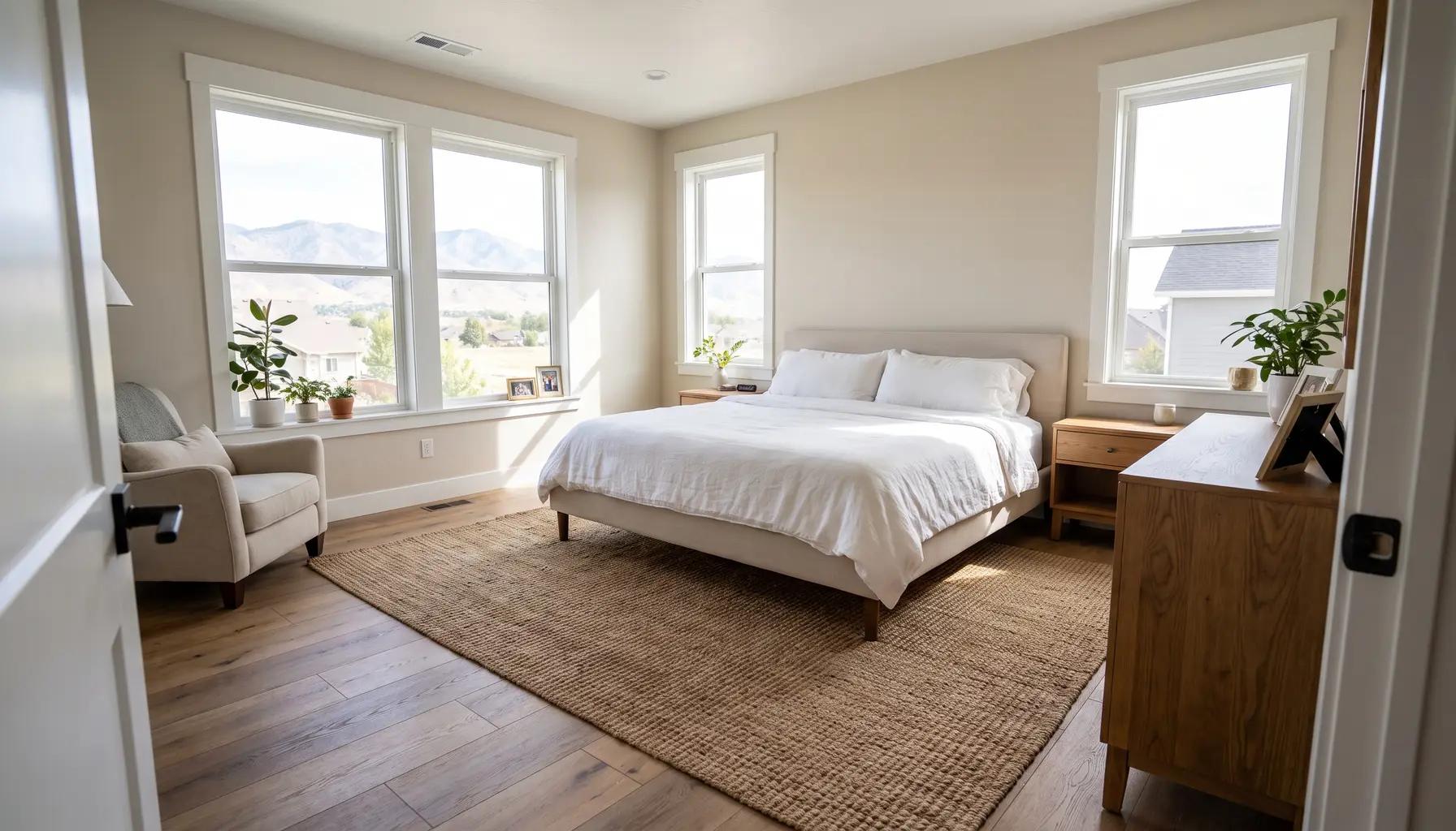 Bright new bedroom addition with large windows, neutral walls, and a wood floor in a Boise home