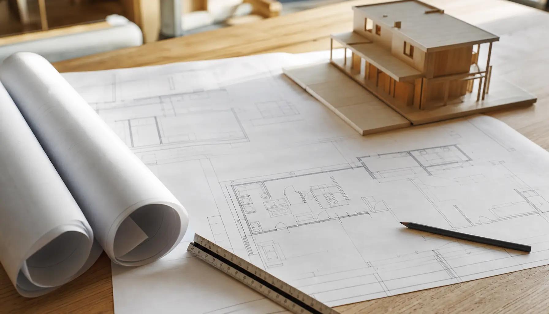 Architectural blueprints and construction drawings for a Boise home remodel laid out with a scale ruler and pencil