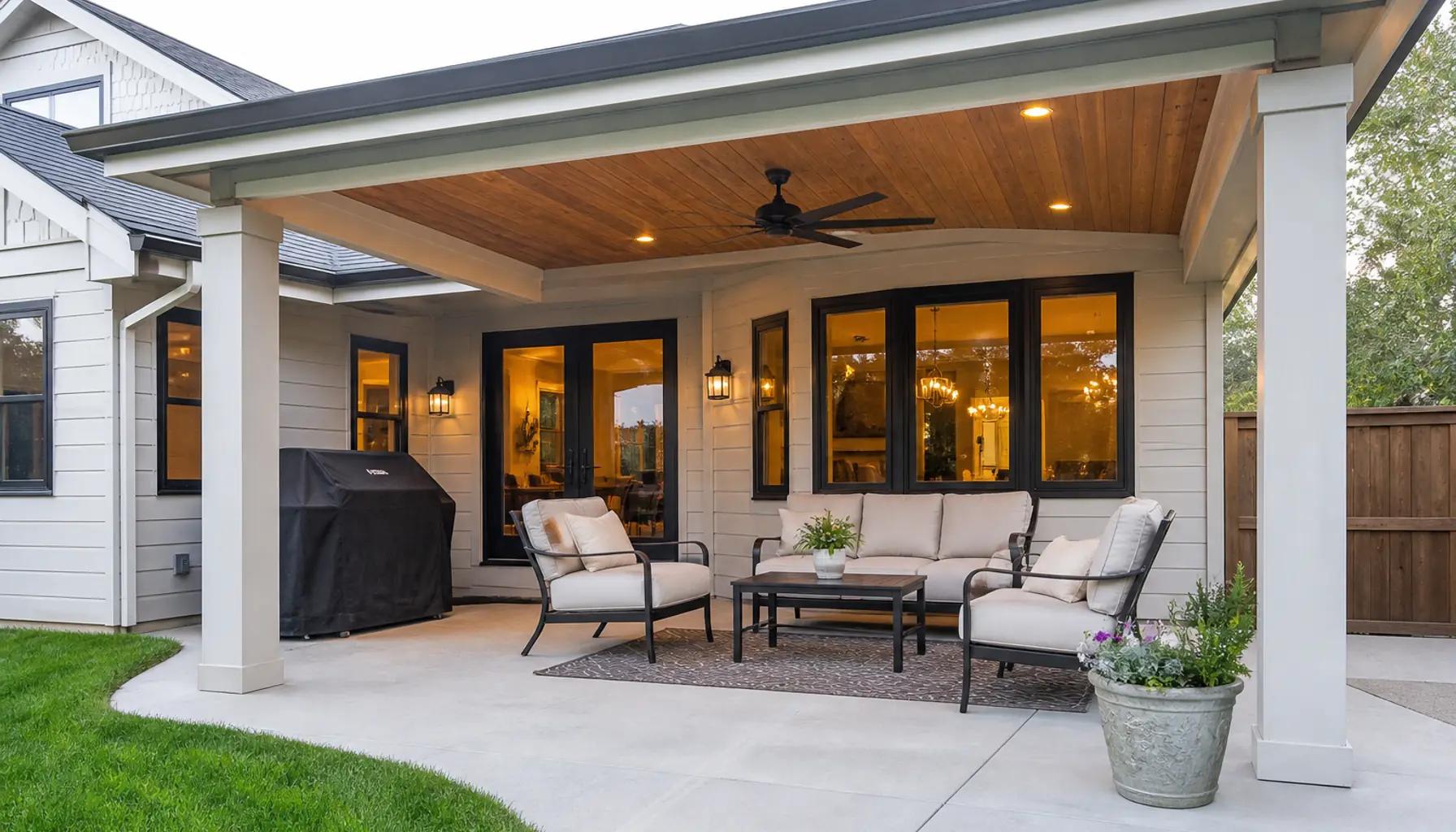 Covered patio with a solid roof, outdoor furniture, and lighting extending outdoor living at a Boise home