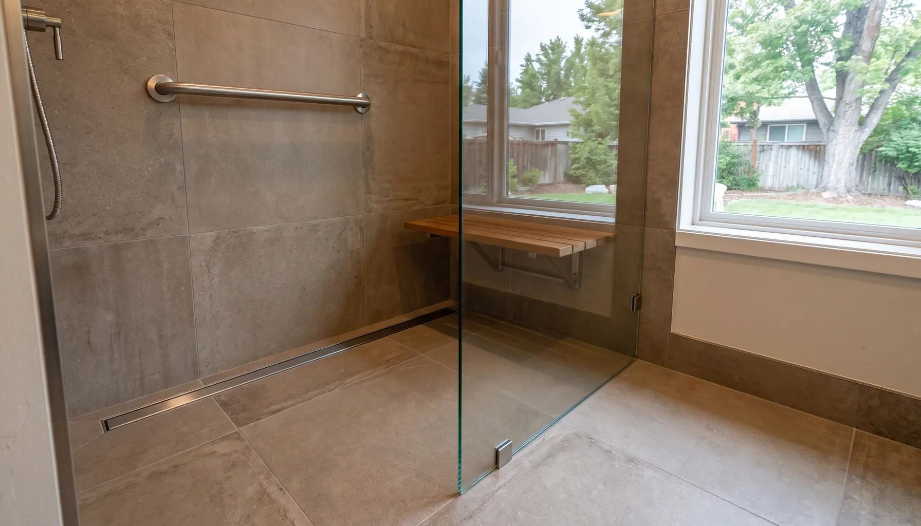 Curbless zero-threshold walk-in shower with a flush tile floor and linear drain in an accessible Boise bathroom