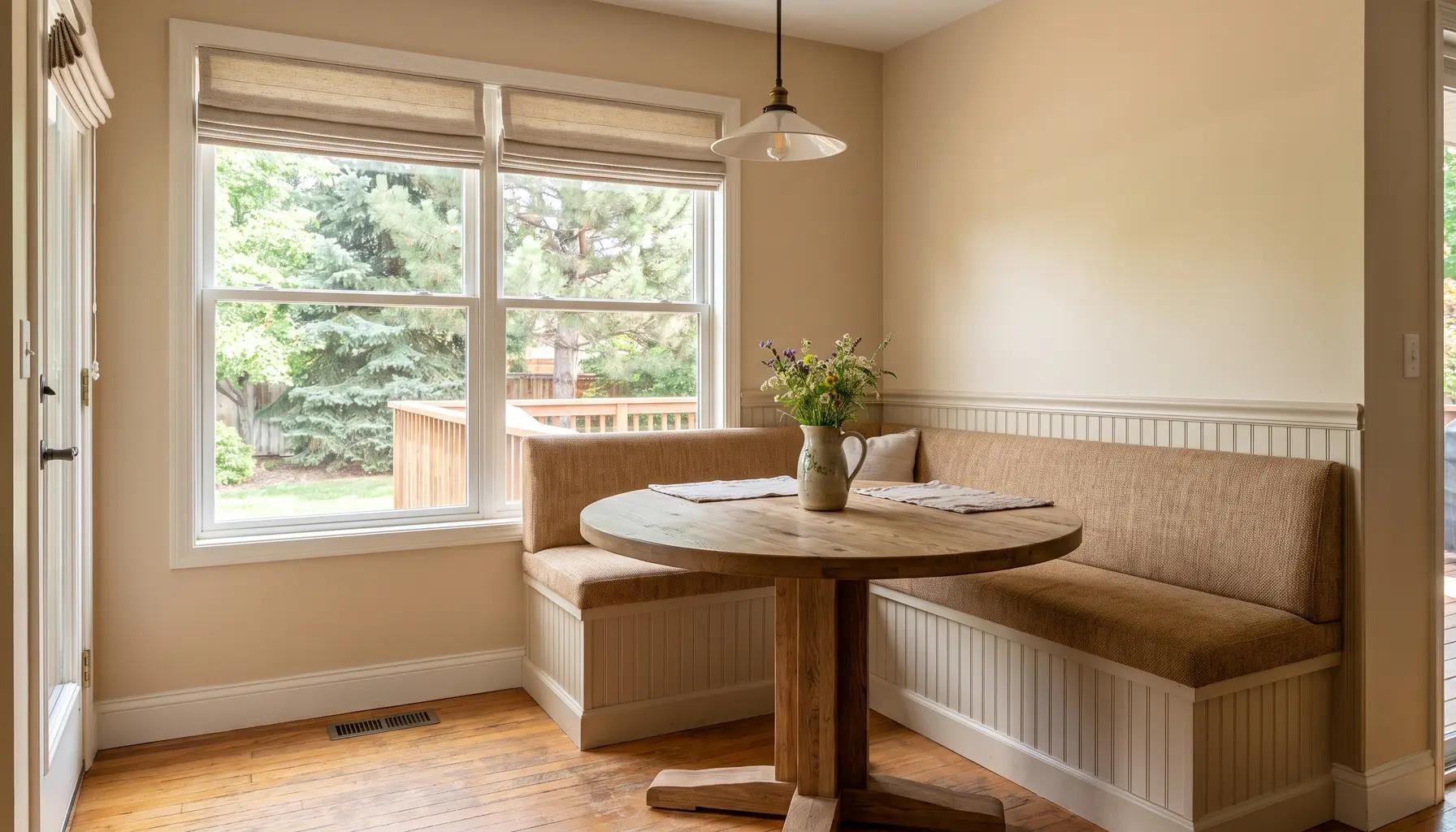 Bright breakfast nook with a built-in banquette in a remodeled Boise home