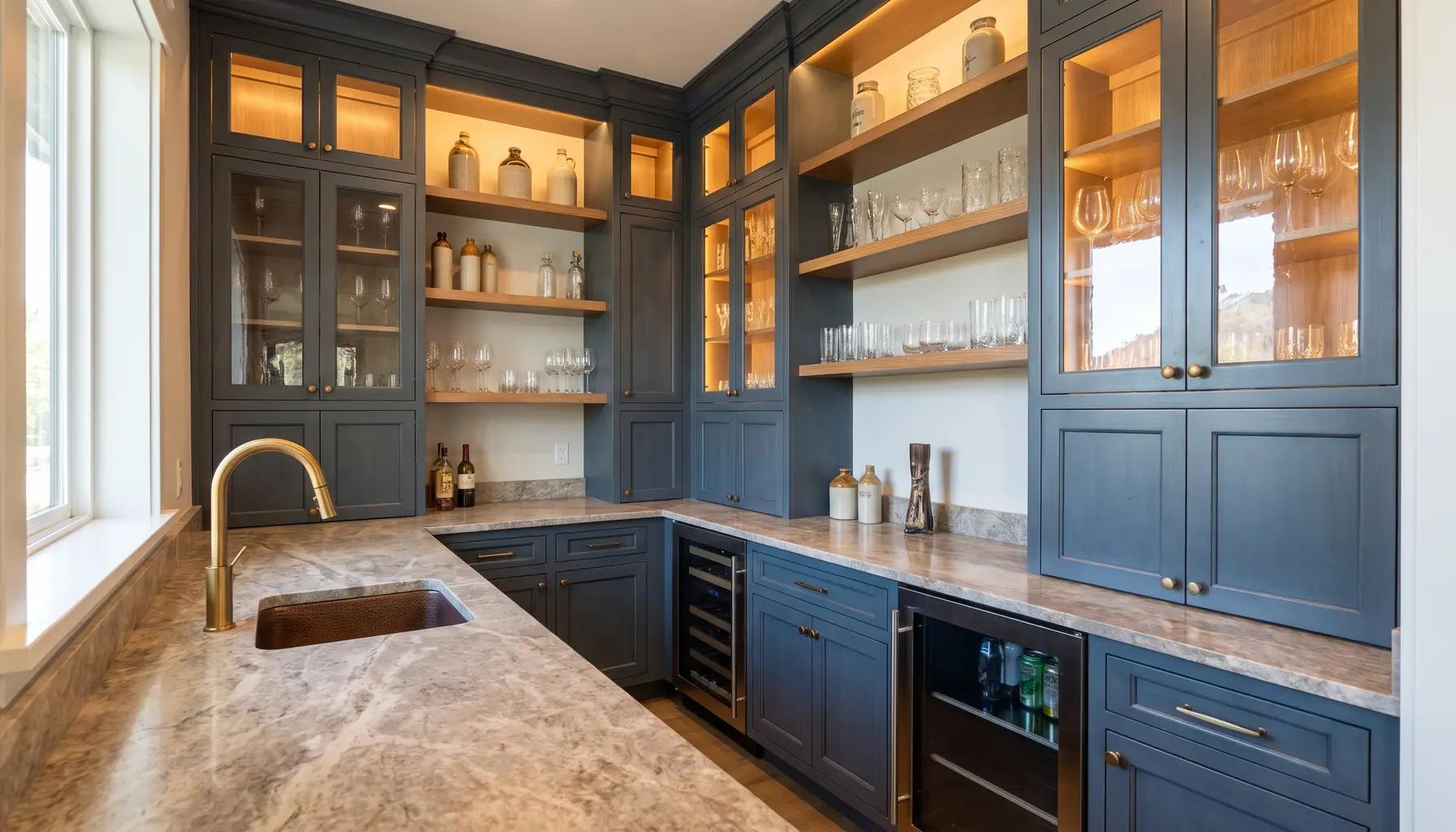 Refined butler’s pantry and home bar in a remodeled Boise home with floor-to-ceiling cabinetry