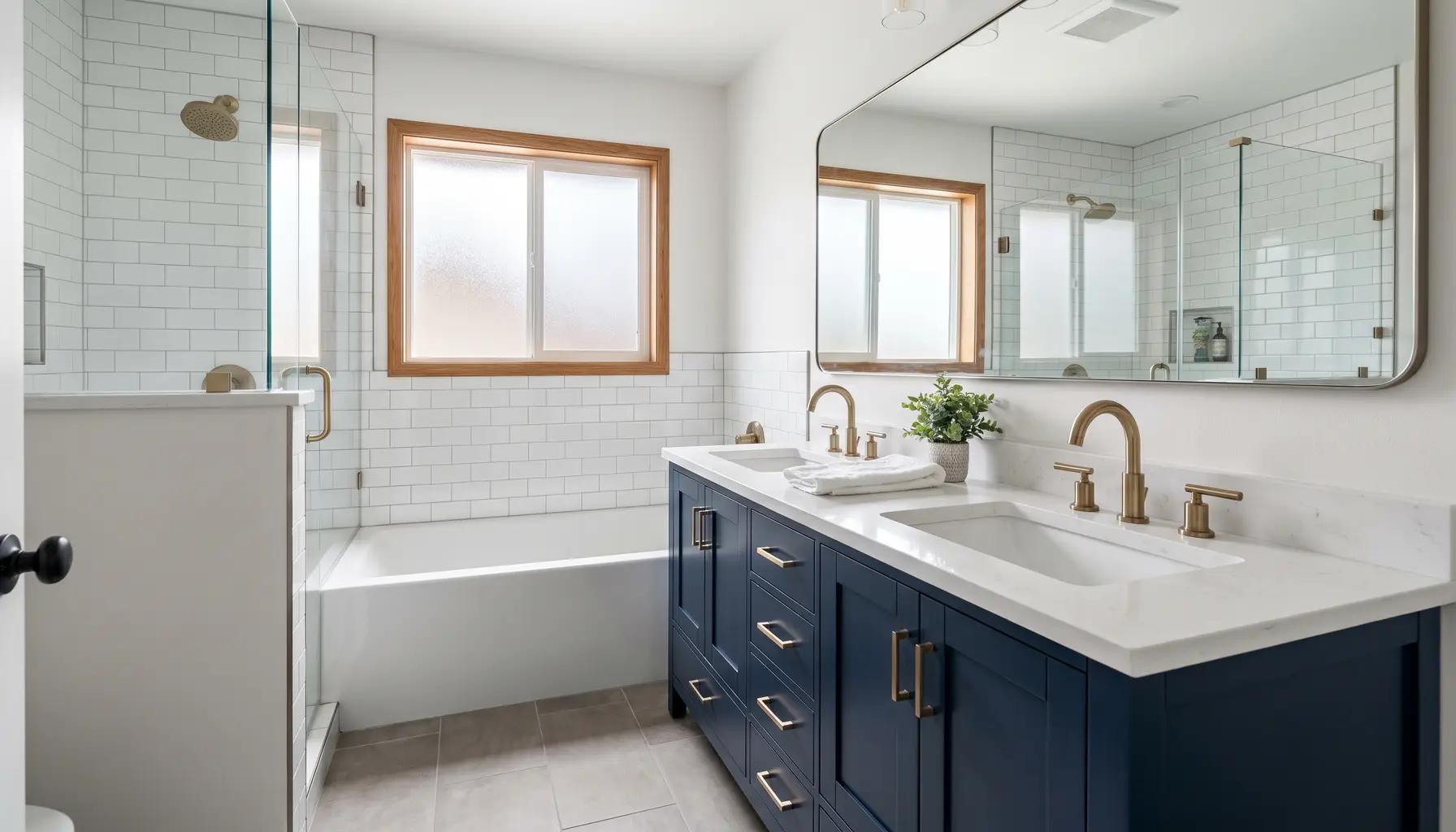 Freshly completed mid-range bathroom remodel with a navy vanity, white quartz top, and tiled shower-tub in a Boise home
