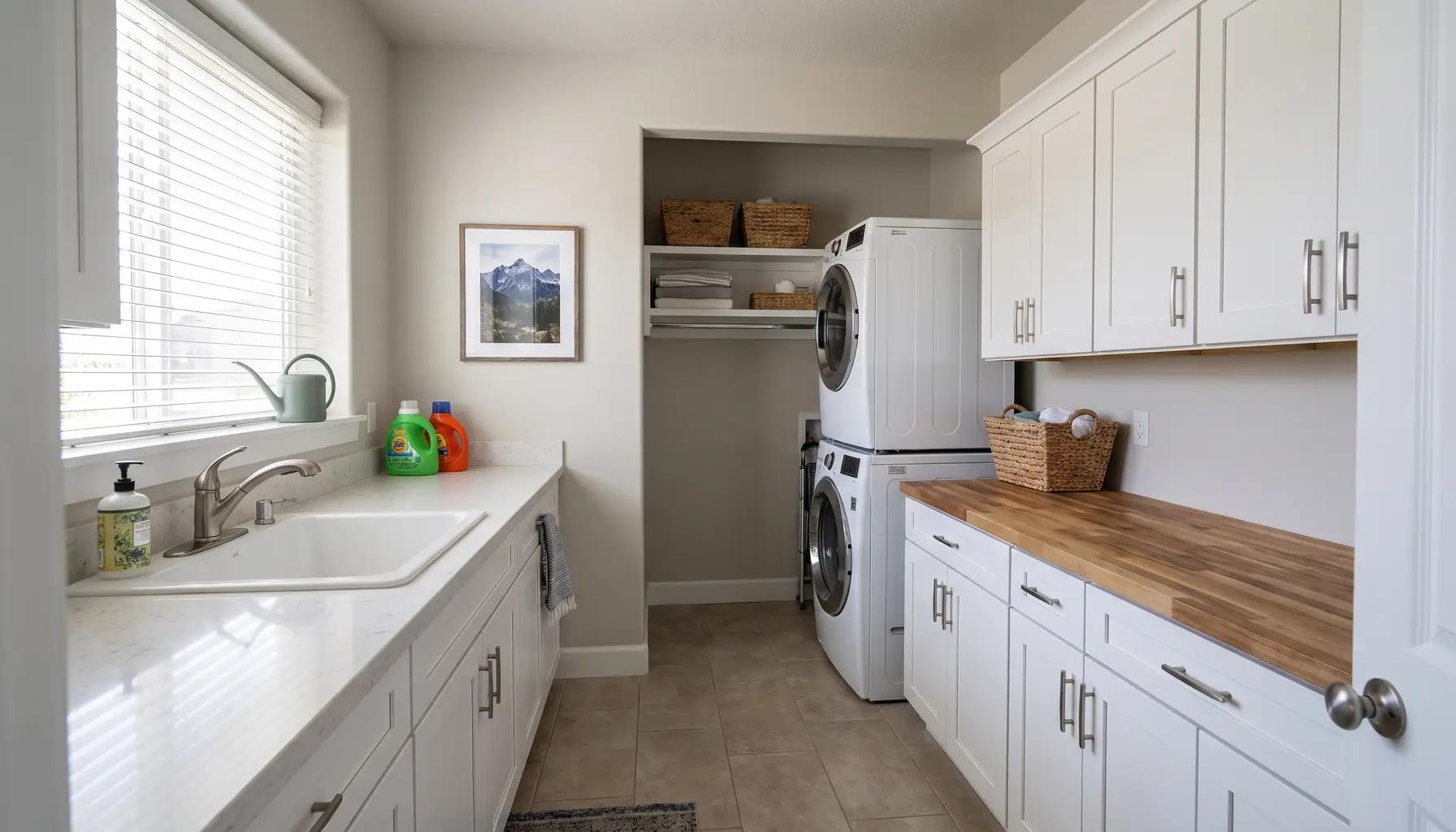 Well-organized laundry and mudroom in a remodeled Boise home with sage-green cabinetry