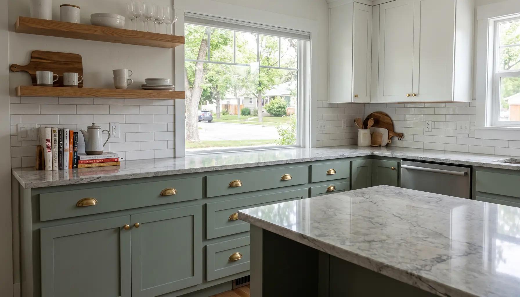 Two-tone kitchen with sage-green lower cabinets, white uppers, and warm wood open shelving in a Boise remodel