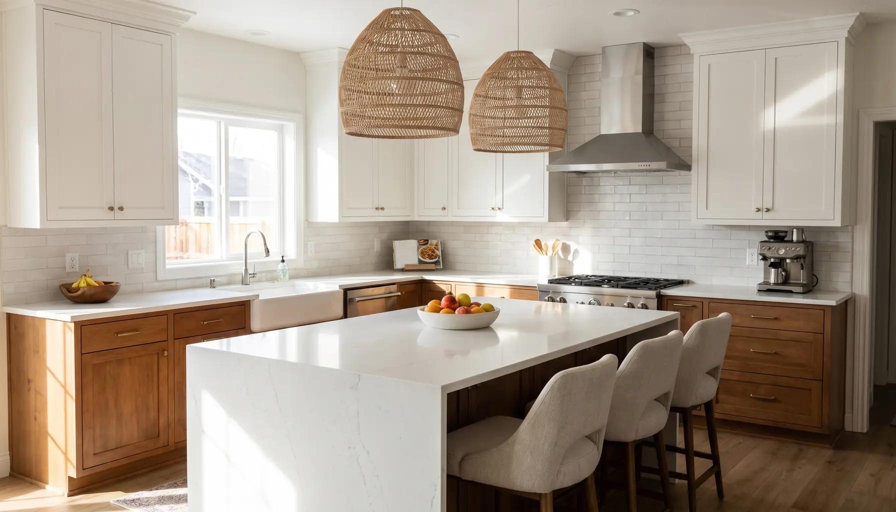 Large kitchen island with counter seating, pendant lights, and a waterfall quartz edge in a remodeled Boise home