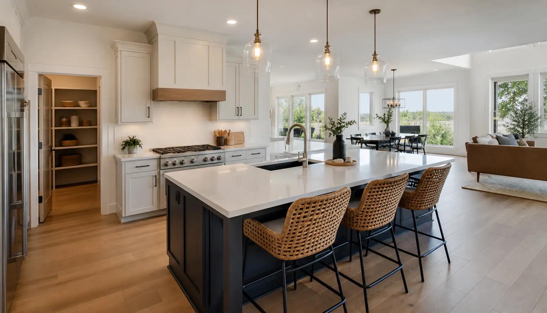 Large open-concept kitchen with a central island and walk-in pantry in a remodeled Boise home