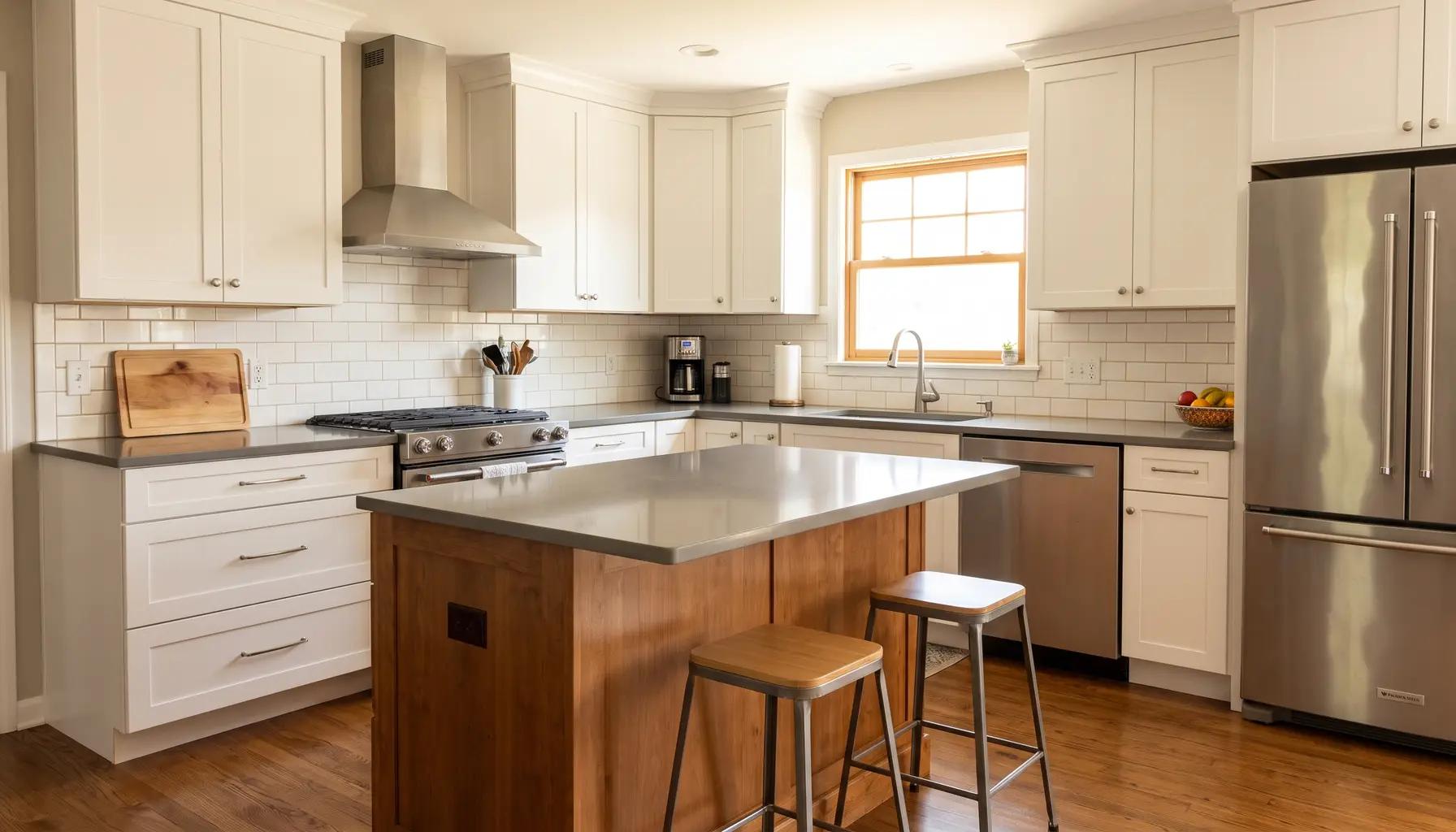 Remodeled Boise kitchen with warm walnut cabinetry, a quartz island, and Boise foothills views