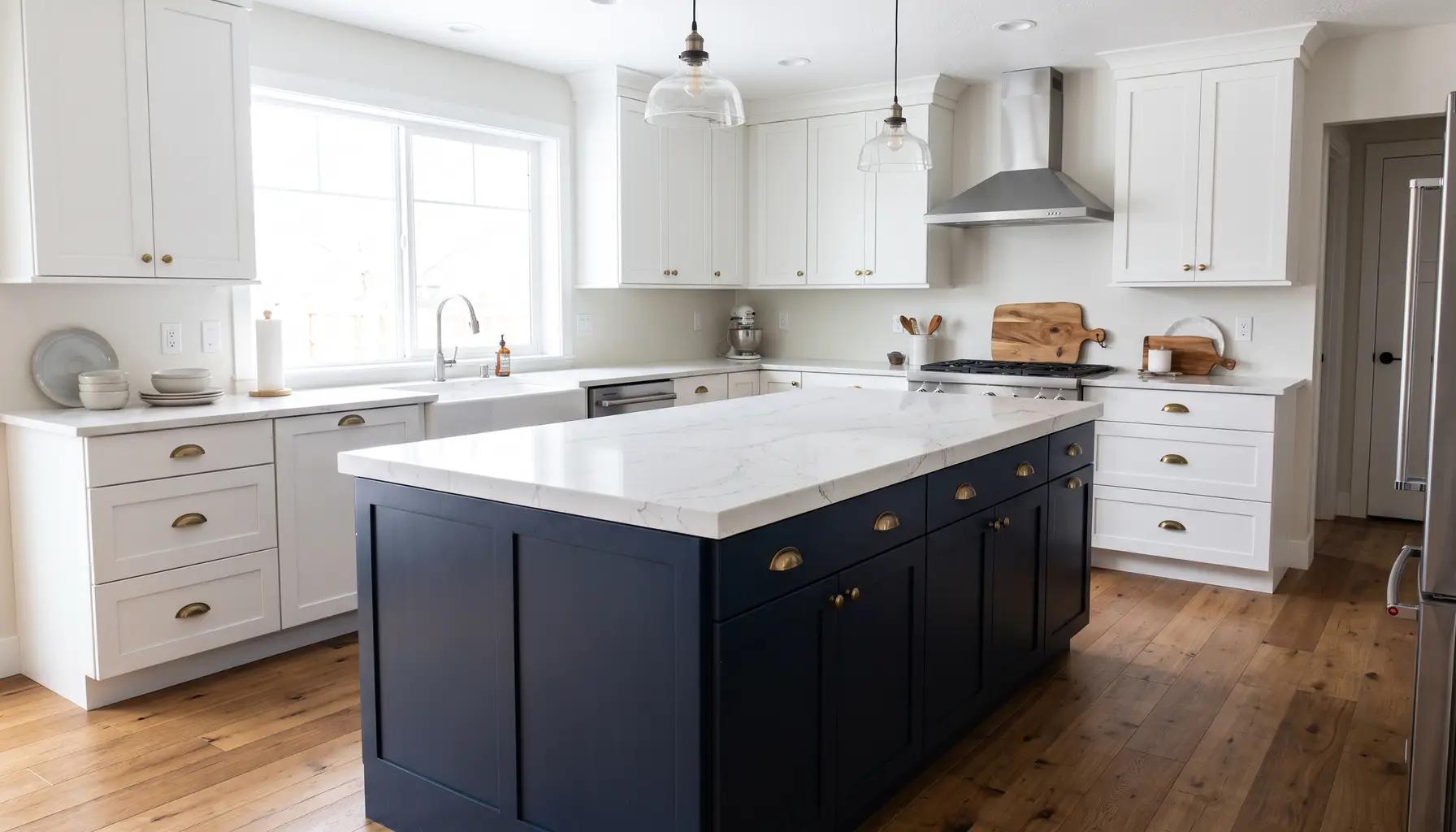Bright modern farmhouse kitchen in a remodeled Boise home with white cabinetry and a sage-green island