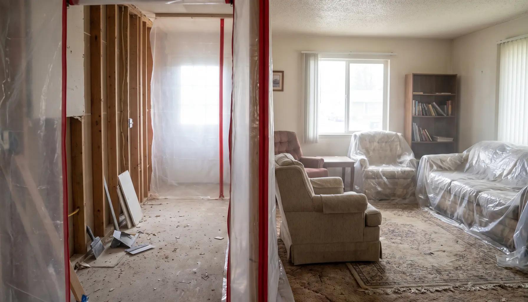 Home lived in during renovation with a plastic dust barrier separating the construction zone from a living area with covered furniture