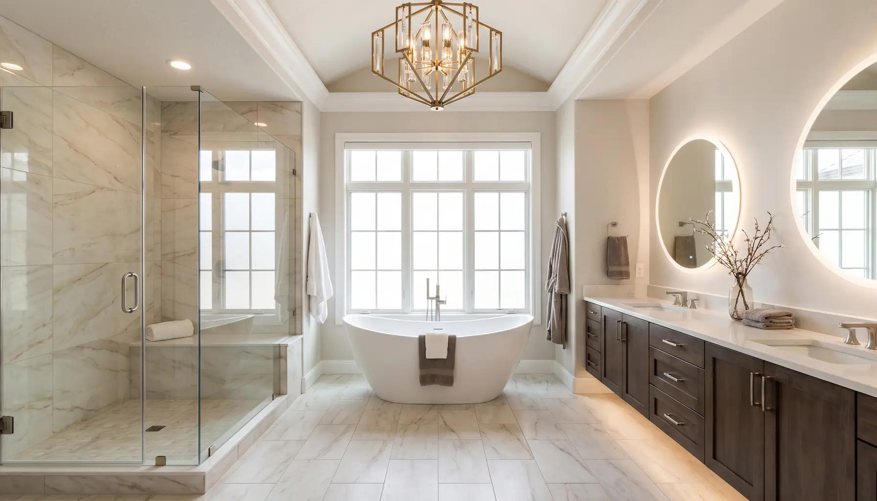 Luxury primary bathroom with a freestanding soaking tub, frameless glass shower, double vanity, and marble-look tile in an upscale Eagle-area home