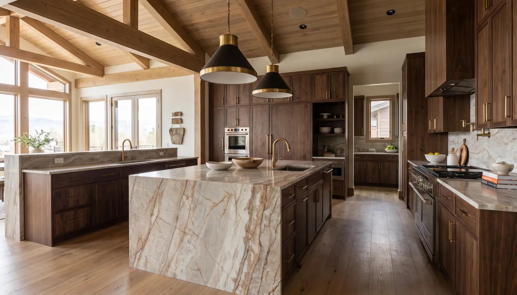 Luxury remodeled kitchen in an Eagle foothills home with a waterfall stone island and custom walnut cabinetry