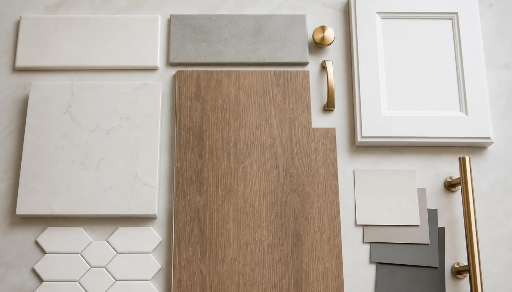 Remodel material selection board with tile, quartz, wood flooring, cabinet, and hardware samples arranged for a Boise project