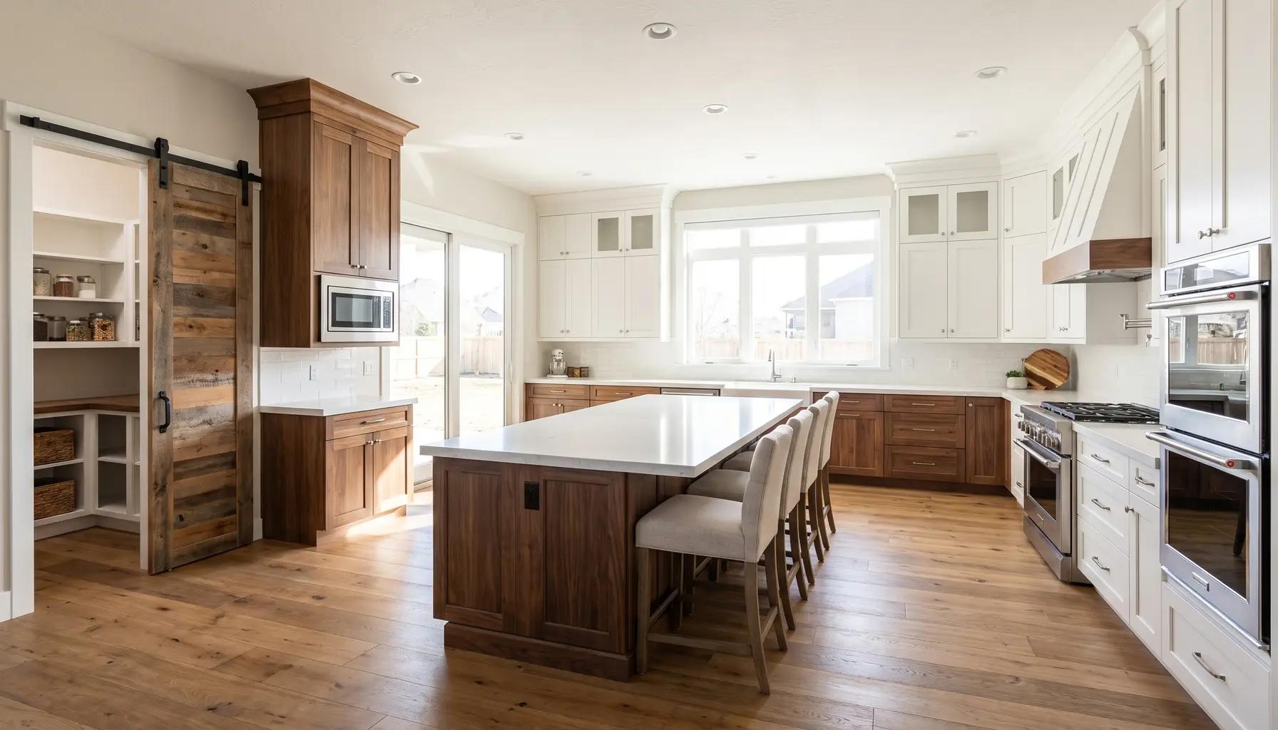 Open-concept kitchen with a large central island flowing into the living area after wall removal in an upscale Boise home