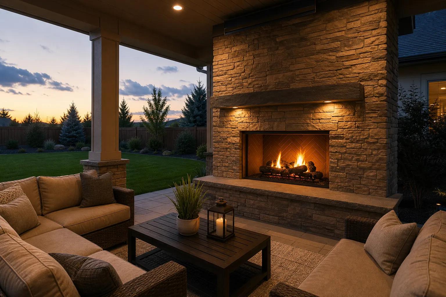 Outdoor fireplace on a covered patio for year-round Treasure Valley entertaining