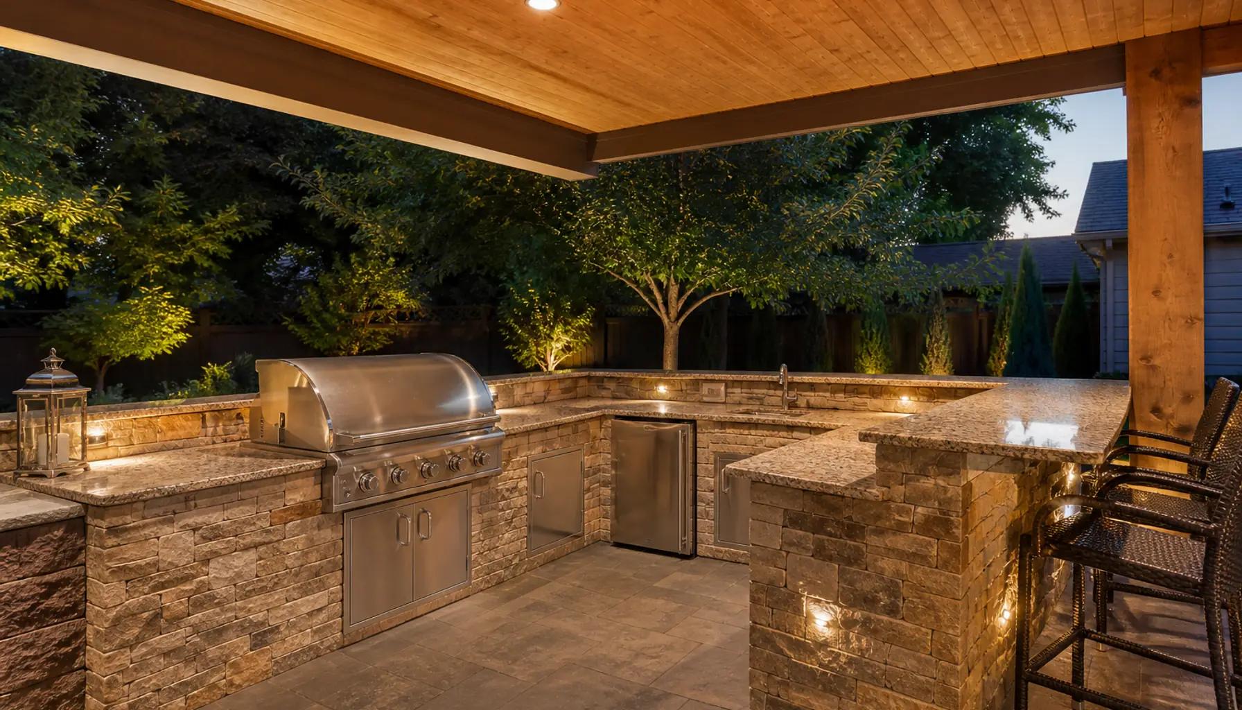 Built-in outdoor kitchen with a grill, stone counters, and seating on a covered patio in a Boise backyard