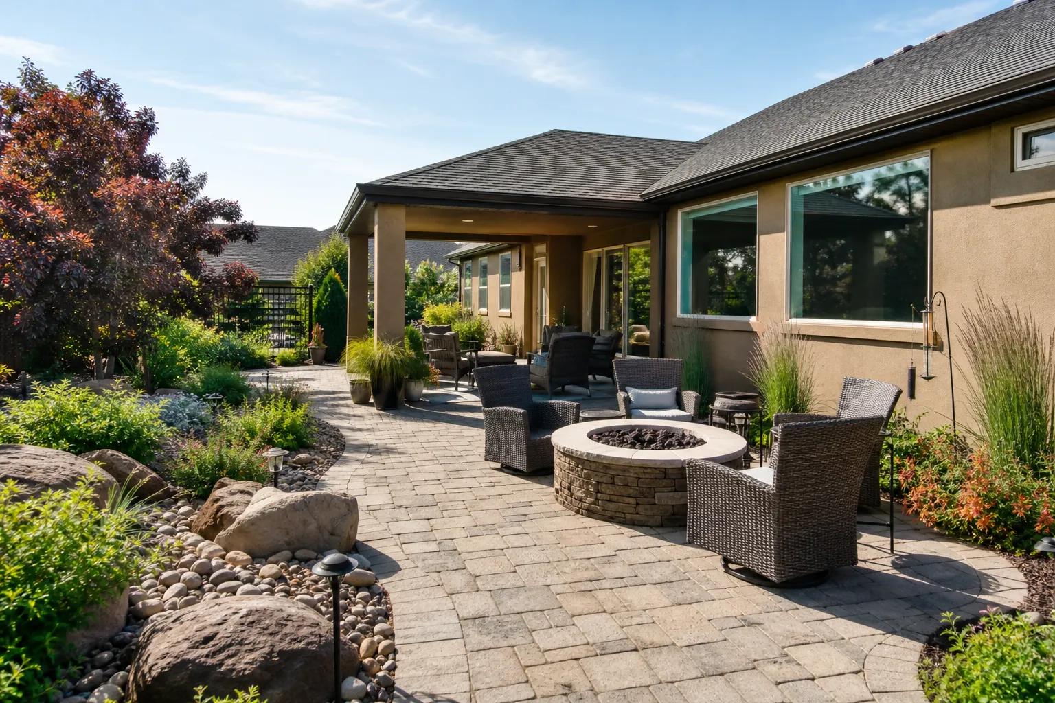 Outdoor living space with patio and landscaping boosting curb appeal
