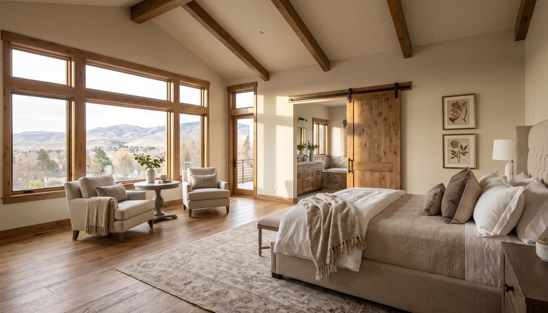 Spacious primary suite addition with a vaulted ceiling, sitting area, and ensuite glimpse in an upscale Boise home