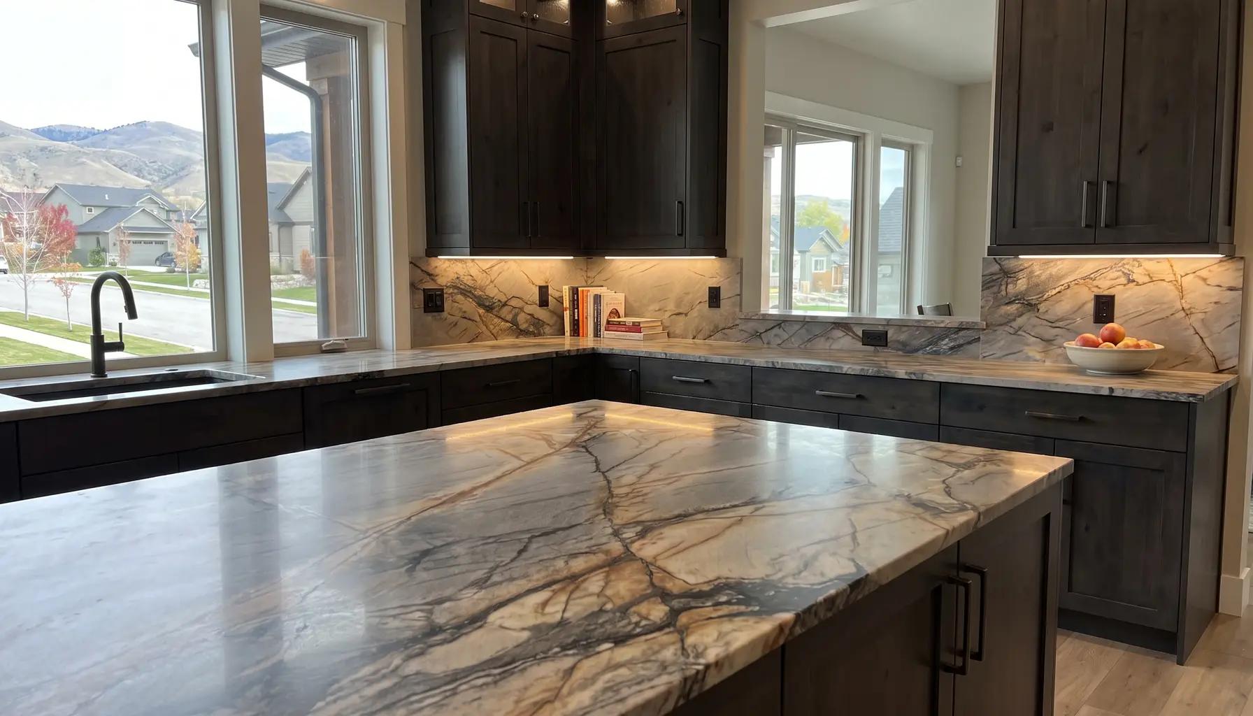 Kitchen with a dramatic natural quartzite island and countertops with bold veining in a Boise home