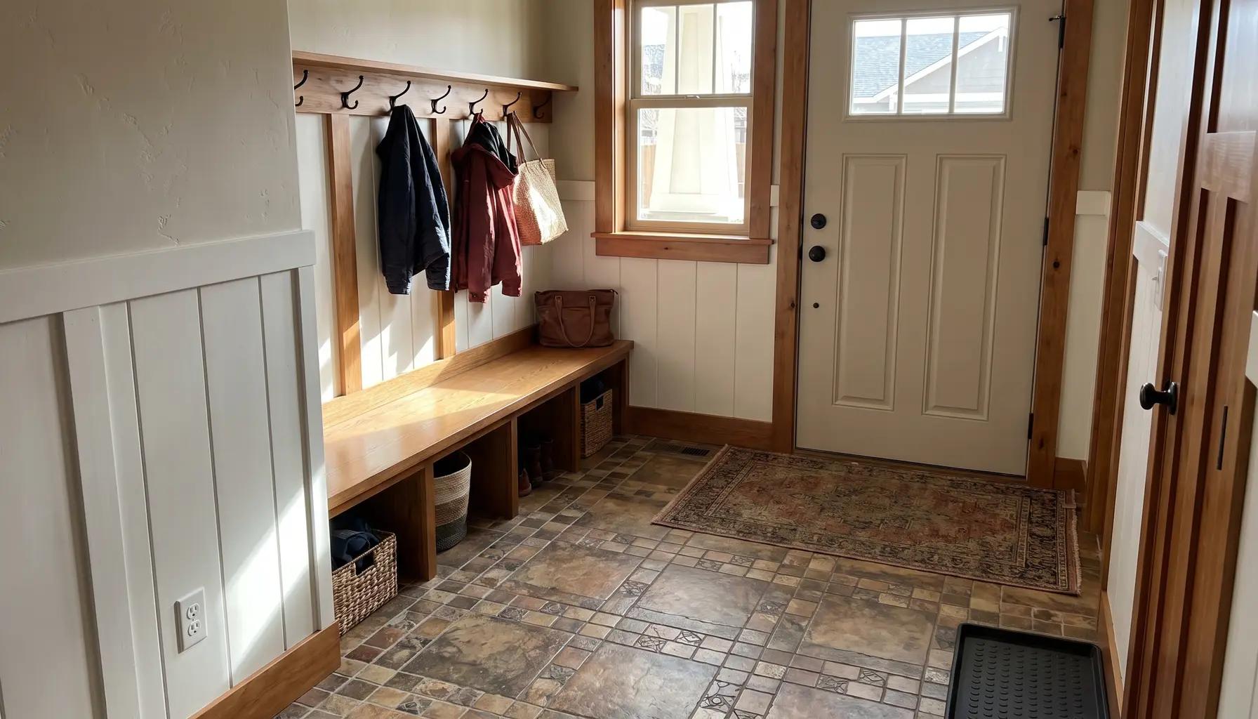 Warm entryway and mudroom in a remodeled Boise home with a custom built-in bench and lockers