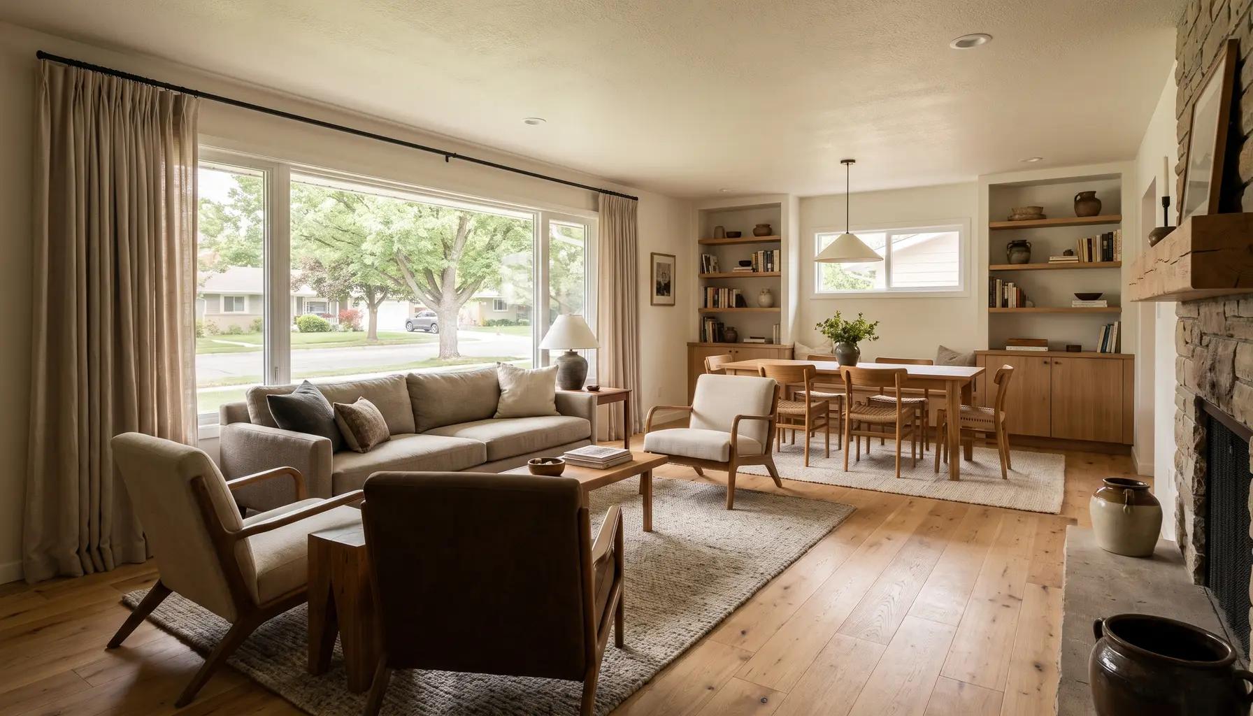 Bright open-concept living and dining space in a remodeled Boise home with light oak floors