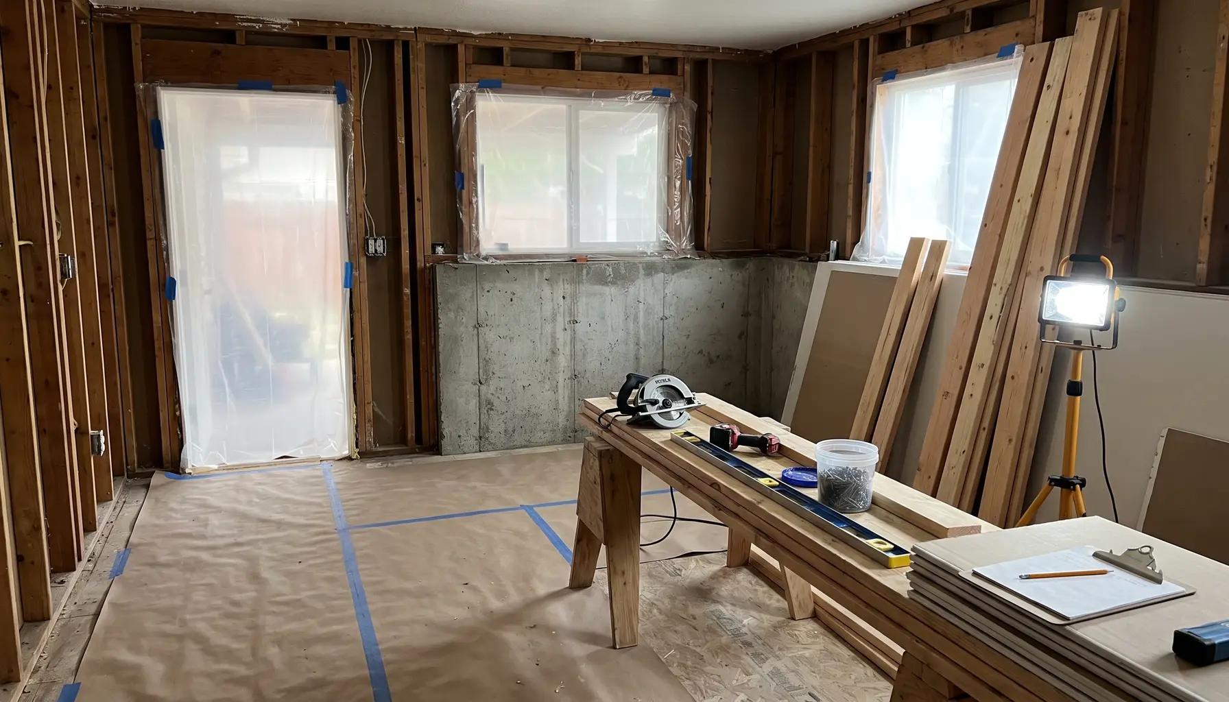 Tidy, professional home renovation in progress in Boise with dust barriers and floor protection