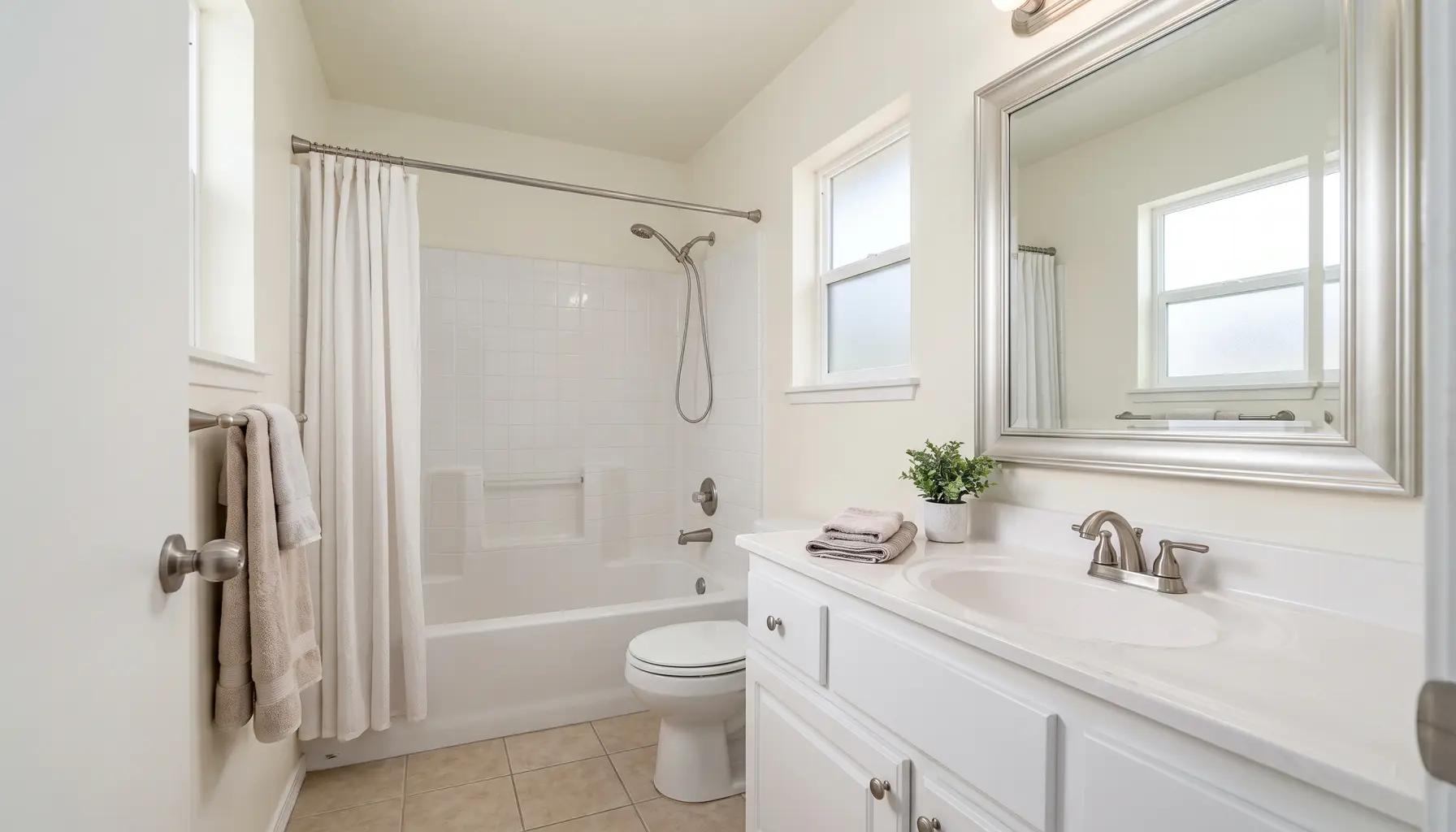 Compact remodeled bathroom with a shower-tub combo, single vanity, and light finishes in a modest older Boise home
