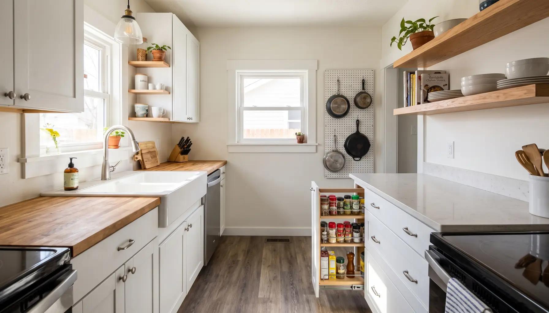 Compact remodeled galley kitchen with white cabinets and open shelving in a modest older Boise bungalow