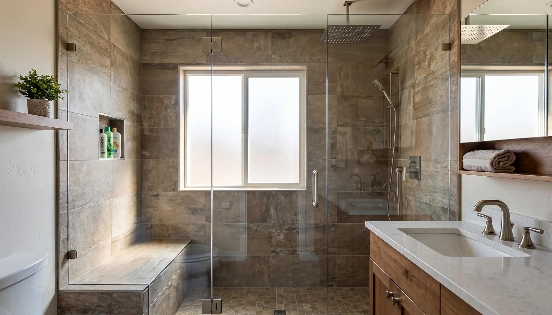 Large walk-in shower with a frameless glass enclosure, floor-to-ceiling tile, and a built-in niche and bench in a remodeled Boise bathroom