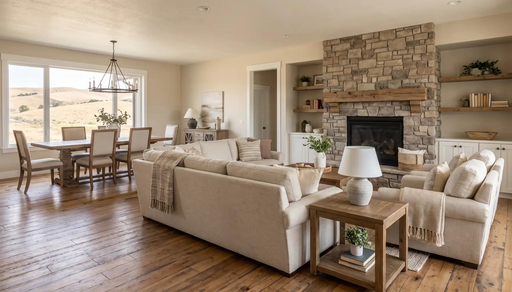 Whole-home remodel great room in a Boise house with a vaulted beamed ceiling and stone fireplace