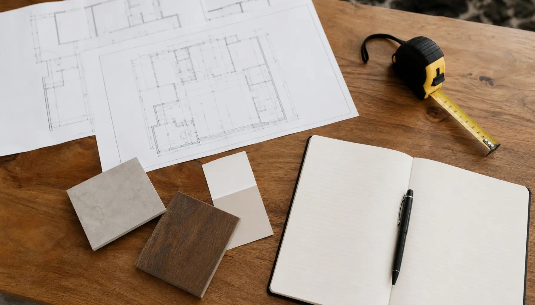 Remodel planning table with printed floor plans, a tape measure, a notebook, and material samples for a Boise whole-home remodel