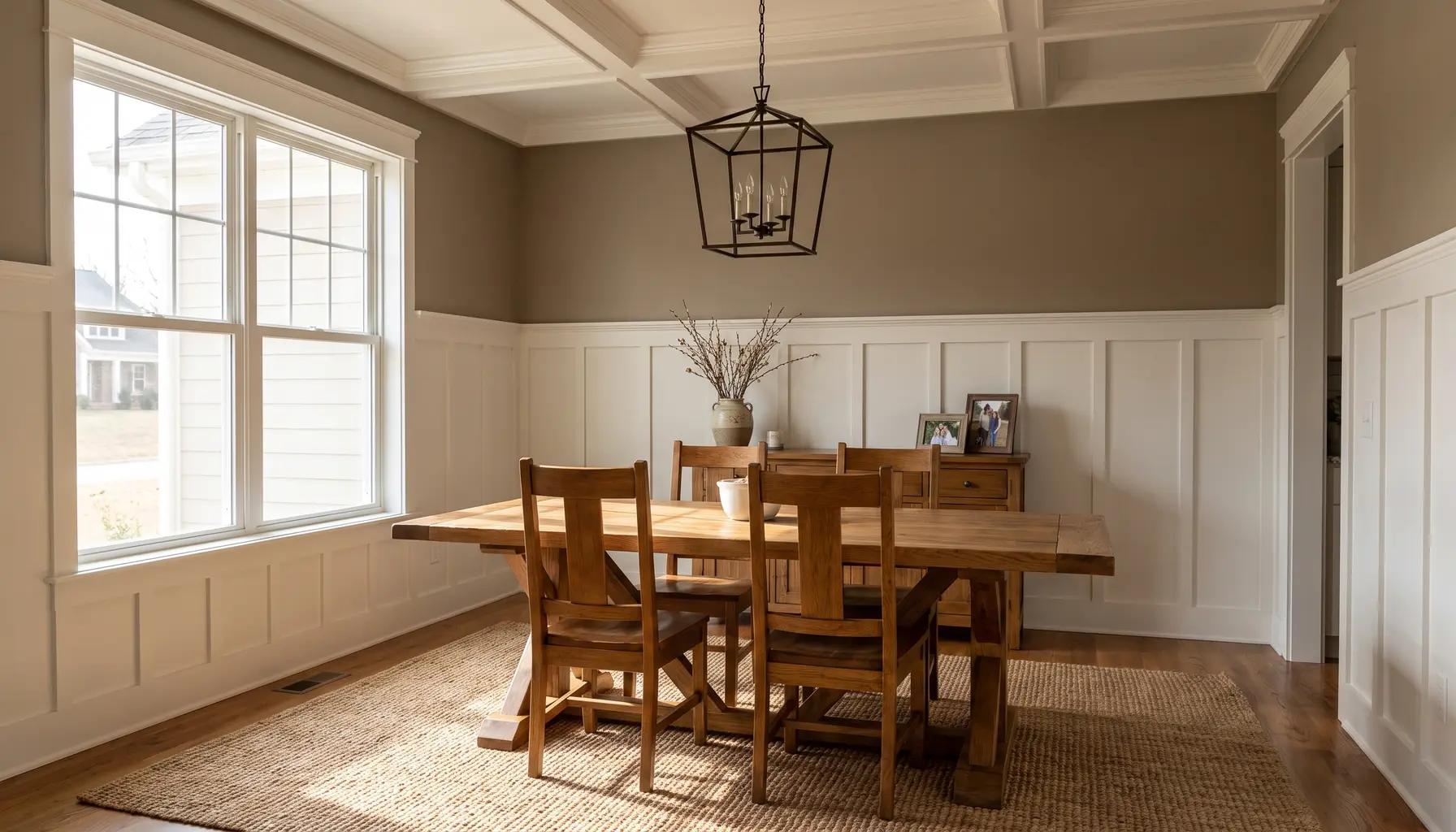 Elegant formal dining room in a remodeled Boise home with paneled walls and a statement light fixture