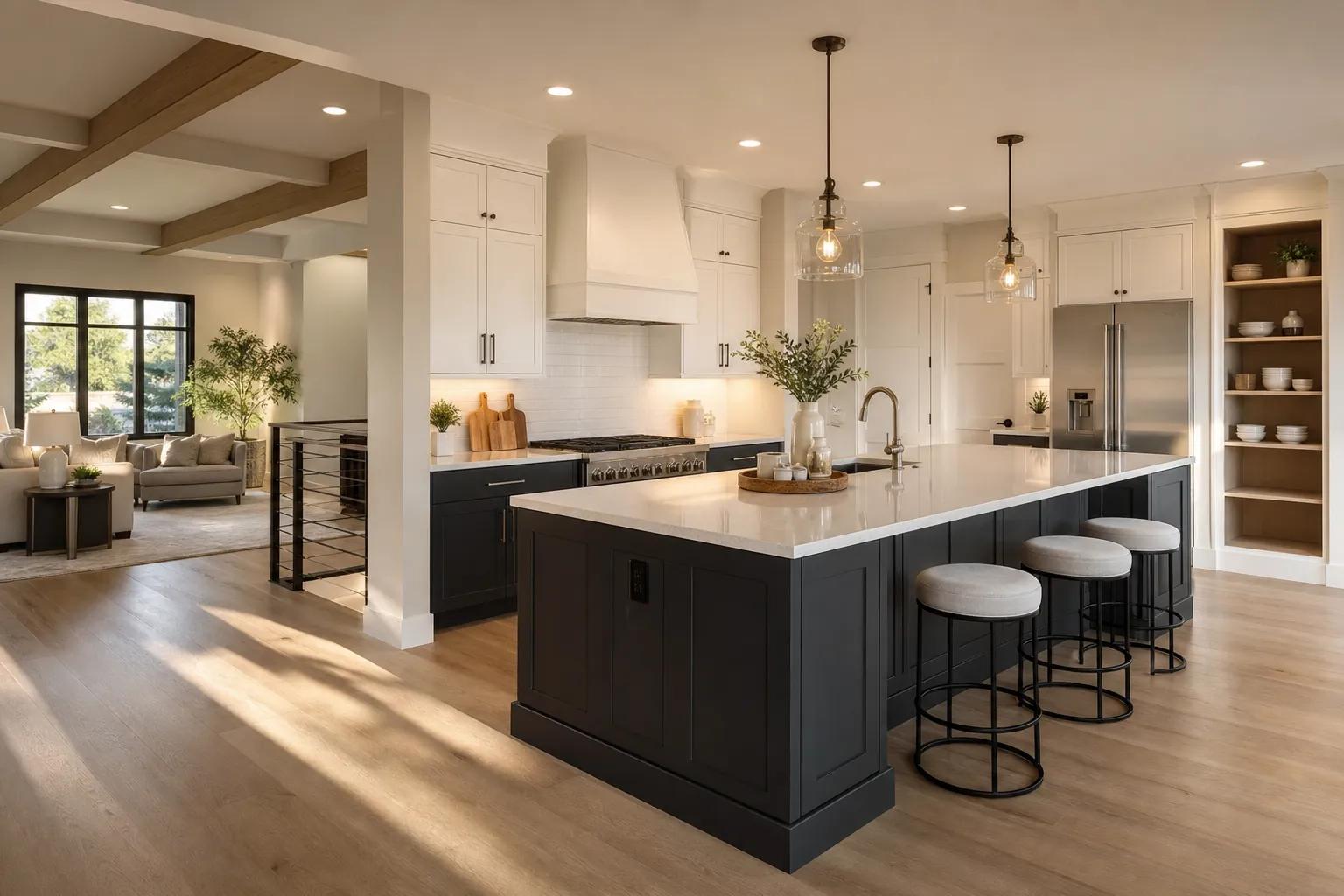 Open-concept kitchen remodel with a navy island and brass fixtures opening to a sunlit living room, Boise Idaho Treasure Valley