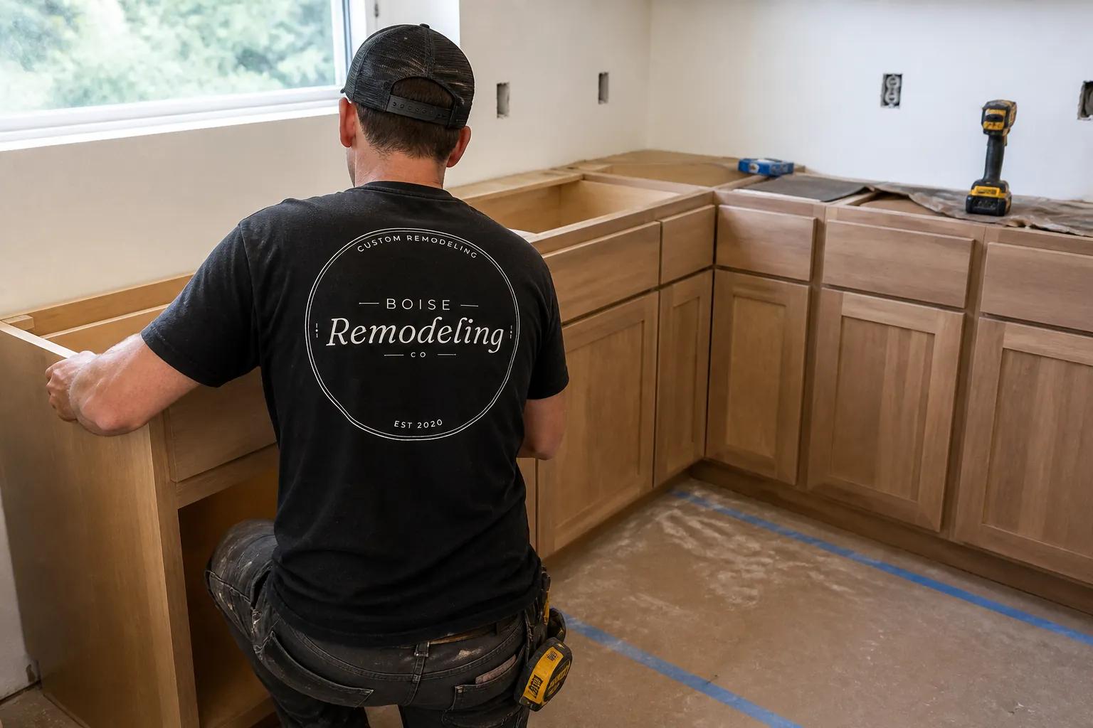 Kitchen remodel in progress with cabinets being installed by the Boise Remodeling Co team