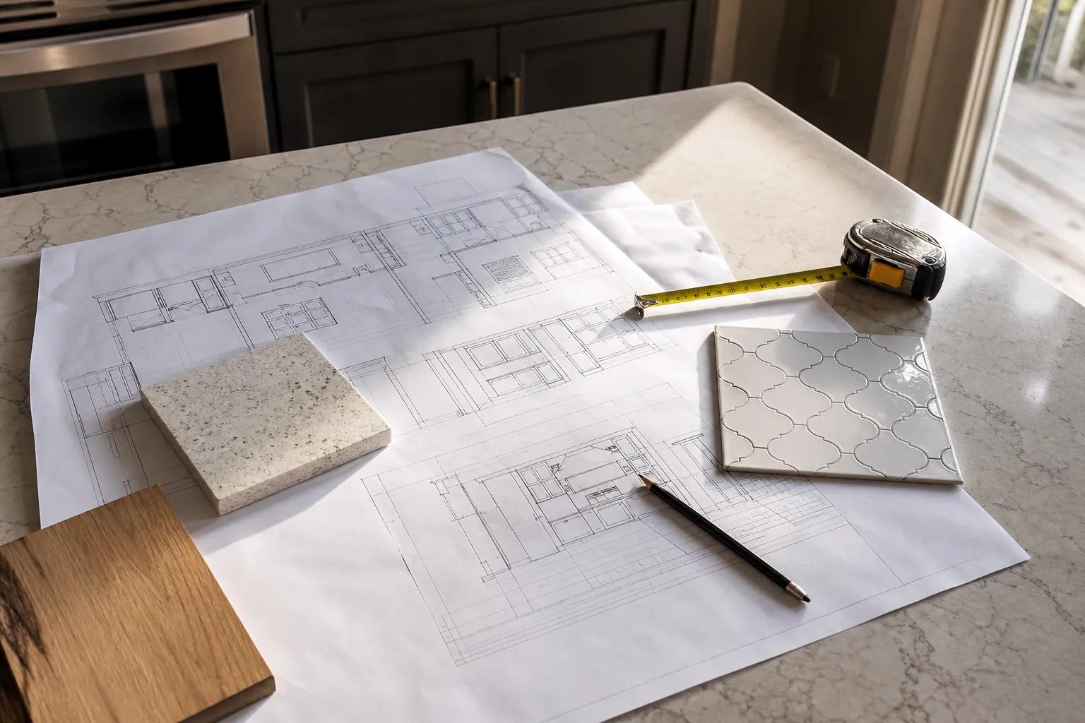 Remodel plans and finish material samples on a kitchen table during design review