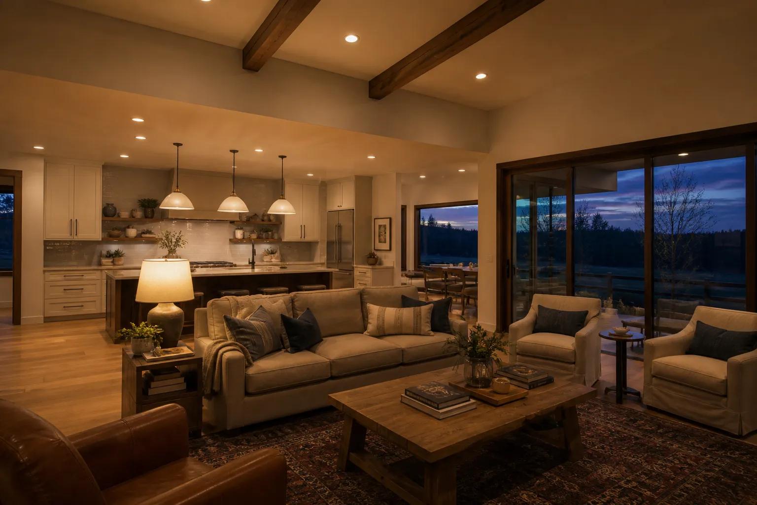 Remodeled Treasure Valley great room with warm finishes and natural light