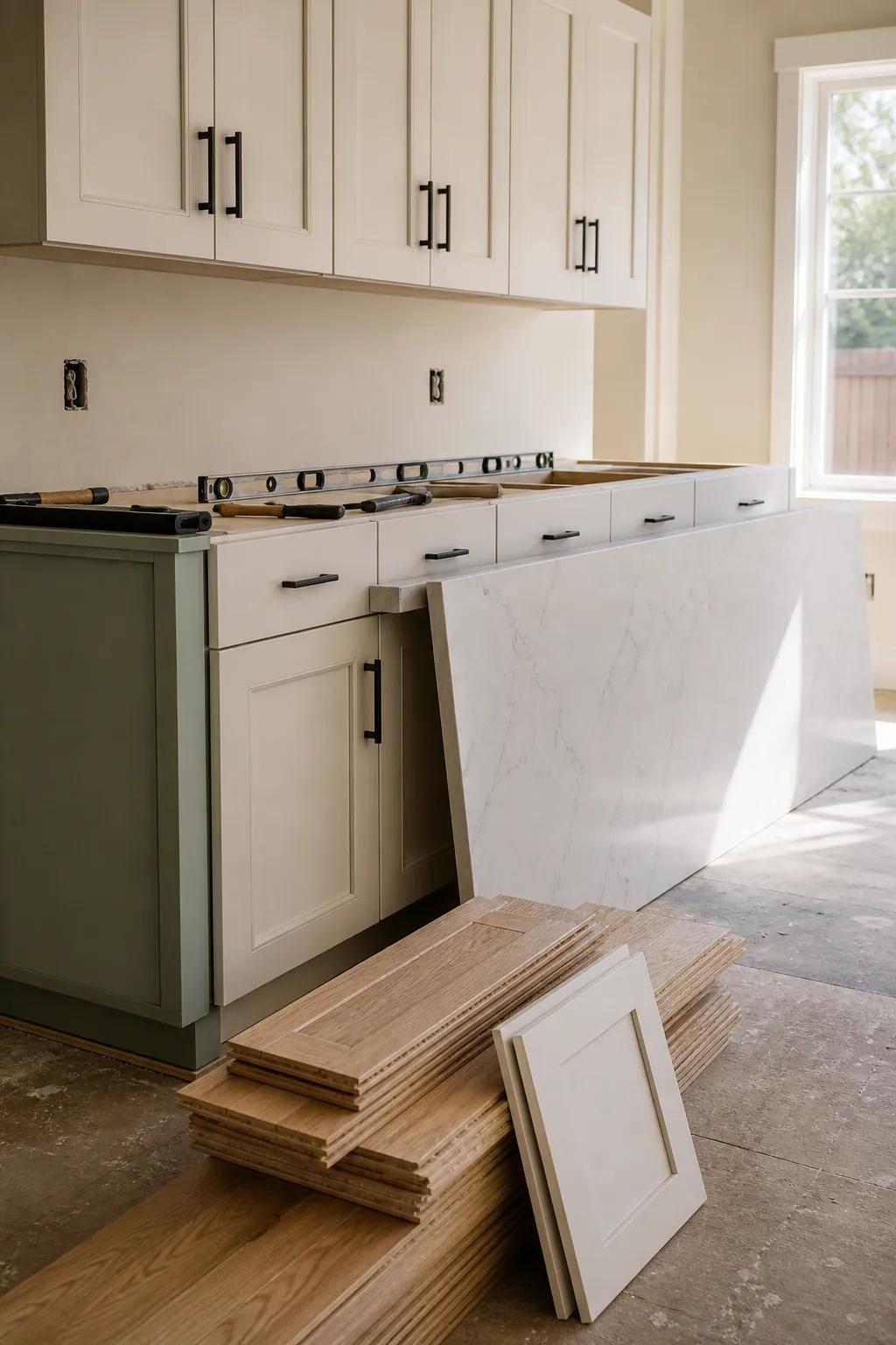 Custom cabinetry being leveled and a quartz countertop set during a Boise kitchen remodel, with white-oak flooring staged for installation