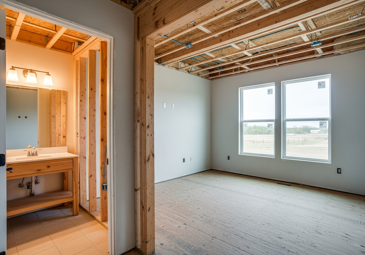 Active construction phase with framing and mechanical rough-in visible
