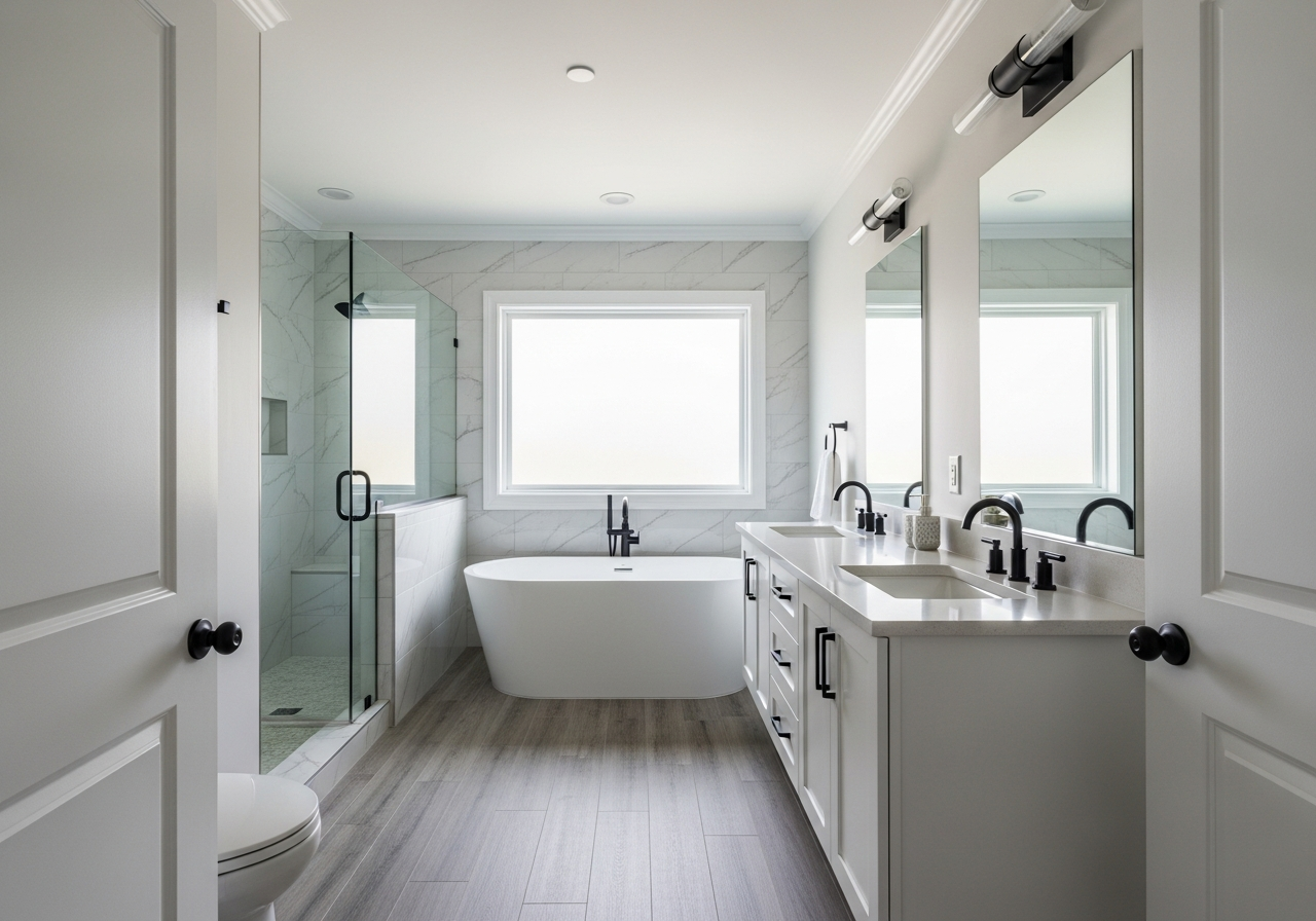 Walk-in shower with glass enclosure and tile surround in a Treasure Valley bath