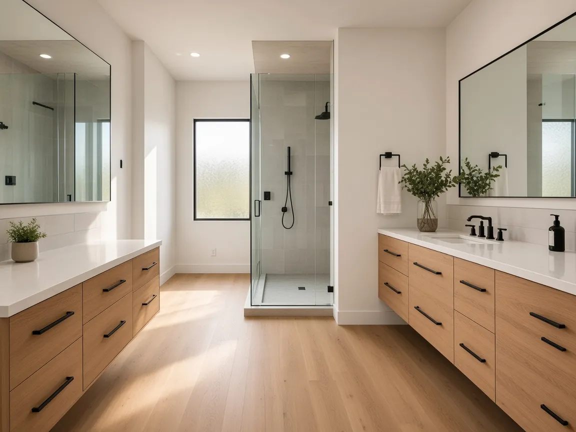Primary bath with white oak vanity, glass shower, and matte black fixtures