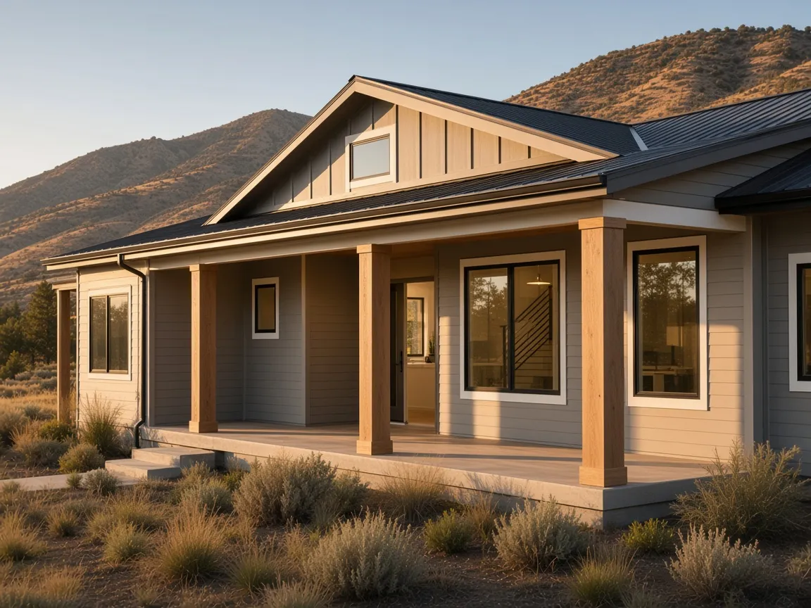 Modern craftsman ranch exterior in the Eagle foothills with taupe siding and black-framed windows