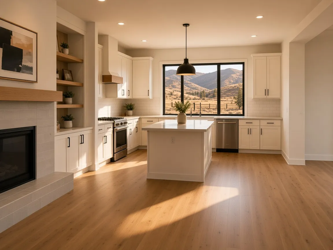 Open great room with fireplace, white oak floors, and a sight line into the kitchen