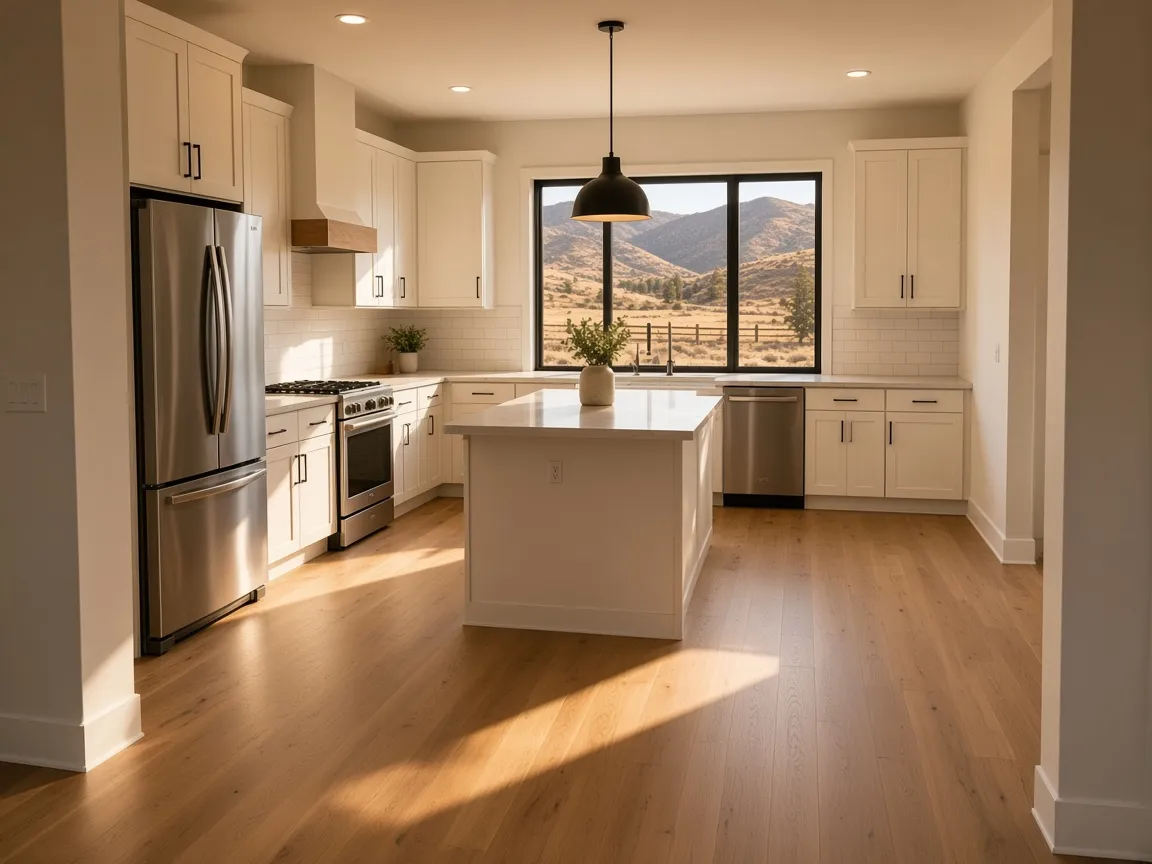 White shaker kitchen with quartz island and foothills view through black-framed windows