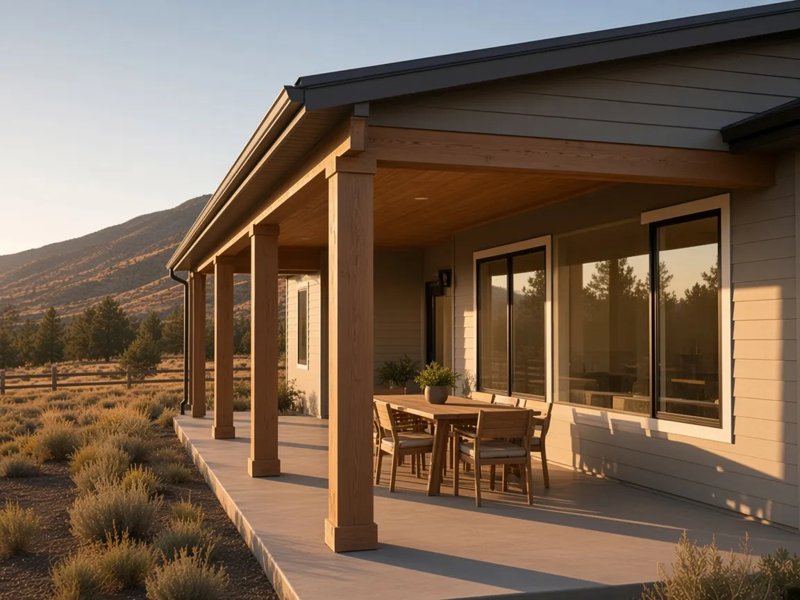 Covered rear patio looking back at the same ranch with dry foothills beyond the fence