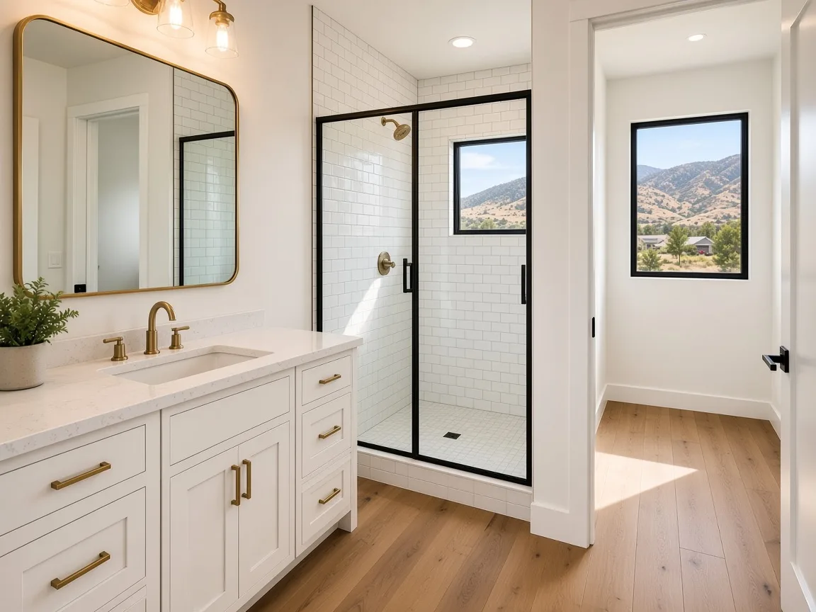 Primary bath with white shaker vanity, brass fixtures, and subway-tile shower